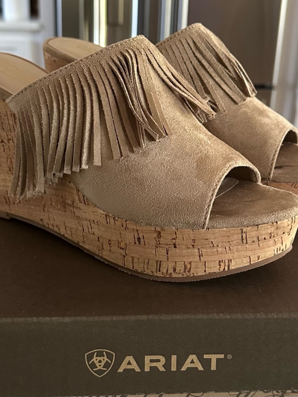 Ariat Women's Suede Fringe Cork Platform Wedge Sandals in Tan